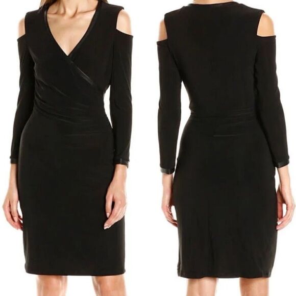 LAUNDRY Dress Womens Small Solid Black Long Sleeve Cold Shoulder Sheath Stretch - Picture 1 of 10